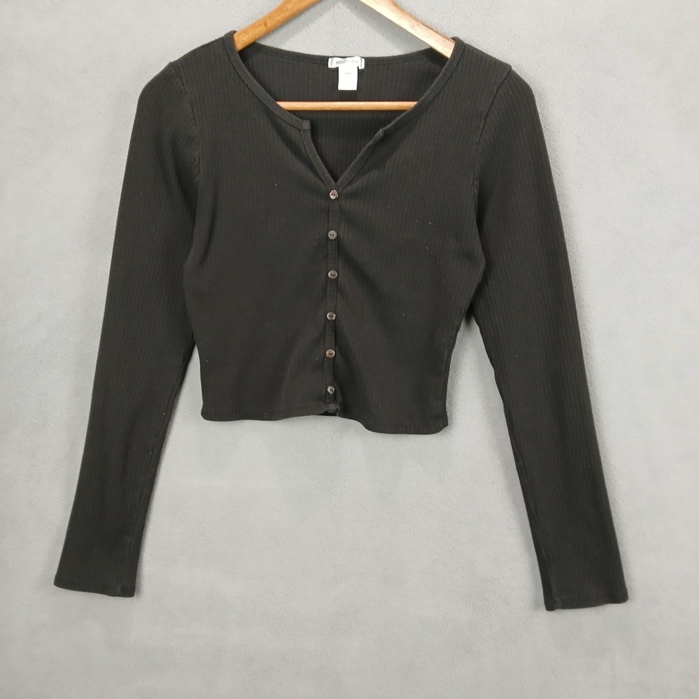 Bozzolo Cropped Cardigan Sweater Womens Large Black Cotton Knit Ribbed Warm Wear